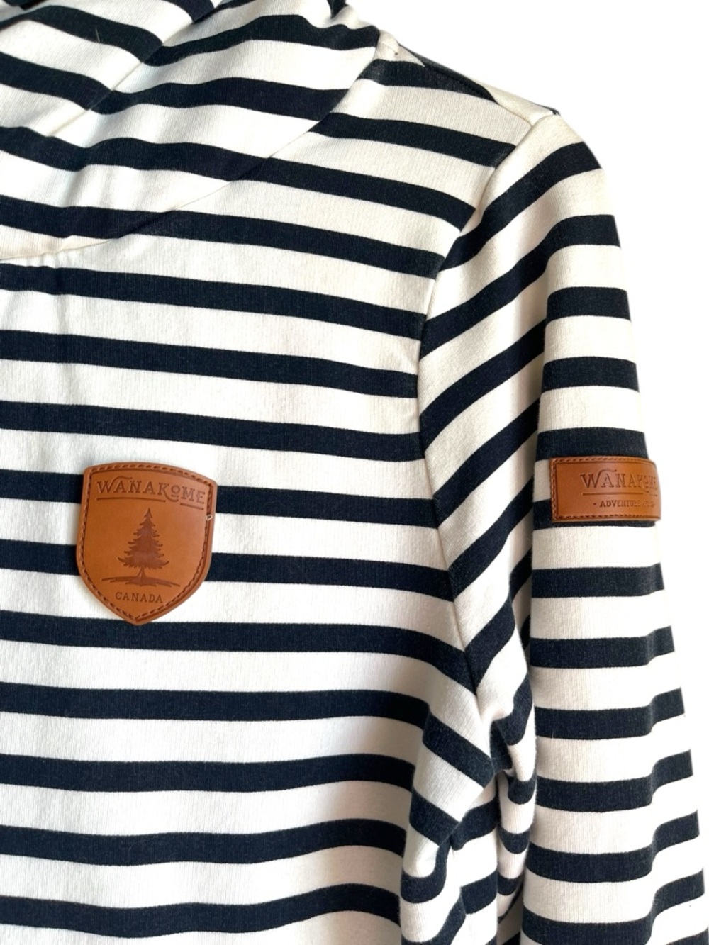 Wanakome Navy Ivory Stripe Cowl Neck Hoodie XS Terry Pullover - Picture 4 of 15